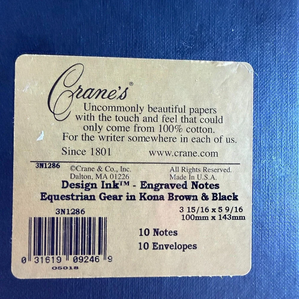 CRANE Engraved Equestrian Note Cards Cream Cotton Paper 9 Notes/Envelopes Riding